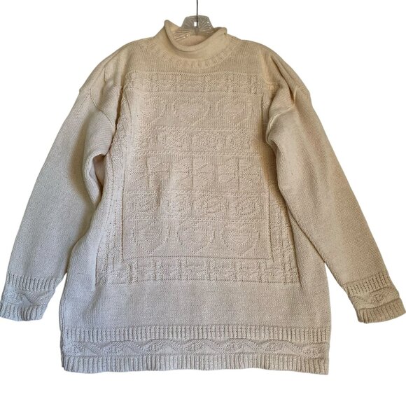 Vintage Cream Knitted Turtleneck Sweater Women's Large With Heart Pattern Design - Picture 6 of 8